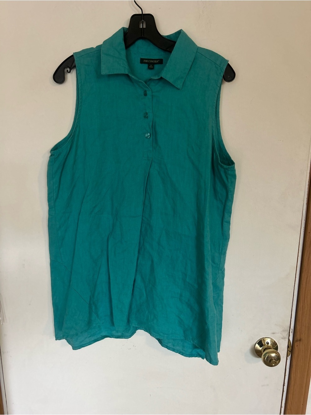 For Cynthia 100% Large Linen Aqua Sleeveless
Button Up Blouse Top
